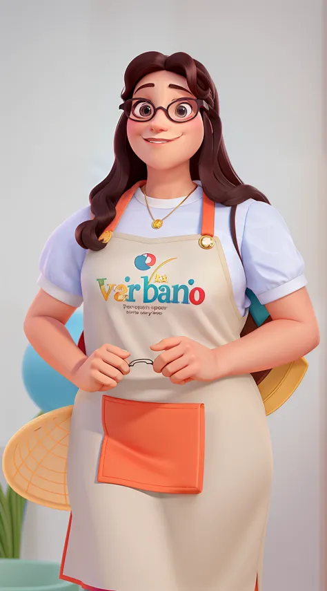 Uma mulher branca vestindo um avental, Wearing a pair of glasses, segurando um pente, estilo disney pixar, alta qualidade, melhor qualidade