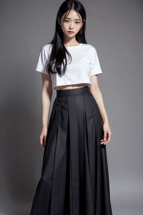 Araped woman posing for photo in skirt and t-shirt, Wide skirt, Wearing a long fluent skirt, Long Skirt, High-waisted black skirt, skirt, Intricate hakama, Hakama Kimono, official dior editorial, transparent gray skirts, with a thin waist, wearing hakama, ...