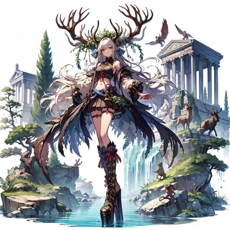 (masutepiece, Best Quality), (Perfect athlete body:1.2), (detailed hairs), Ultra-detailed, Anime style, Full body, Solo, Female of neutral sex with stag horns growing from her head, Dressed in the style of ancient Roman tribes, Standing by the creek, Beaut...