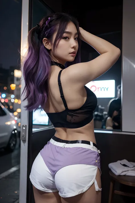 araffe in a black bra top and white shorts in a night city, korean girl, gorgeous young korean woman, back pose, in shorts, cottagecore!! fitness body, toned derriere, thicc, side pose, beautiful south korean woman, booty shorts, 2 4 year old female model,...