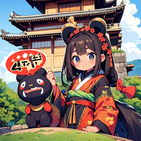 sightseeing in Kumamoto、Pretty girl、happily face、Kumamoto Castle、Kumamon、Brown skin、​masterpiece、top-quality、Top image quality