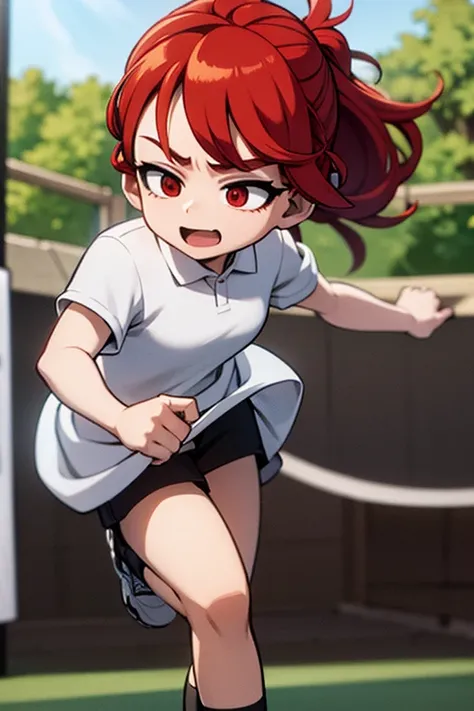 A red haired girl with red eyes is playing soccer