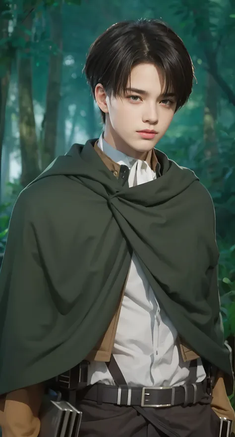 Real life adaption of this character, teen Handsome face, realistic same hair, (realistic same outfit), realistic same background jungle with many grass , realistic light, realistic shadow, realism, hyper realistic,(photorealistic:1.2)