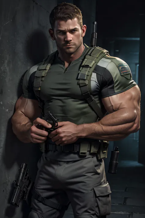 1 man, solo, 35 year old, chris redfield, wearing a green t-shirt, serious face, looking at the camera, white color on the shoul...