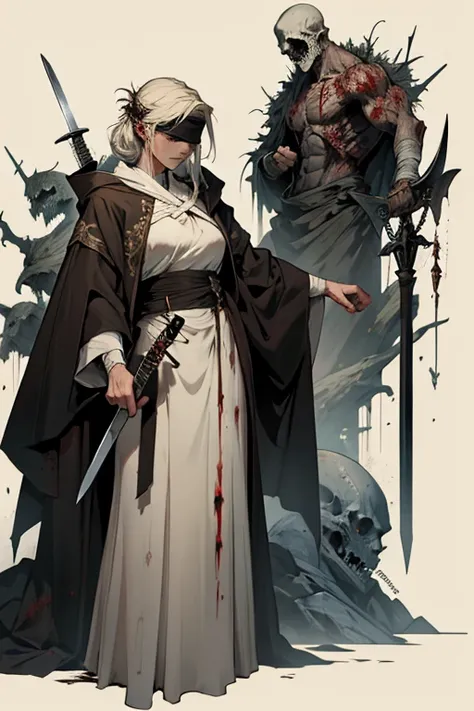 Zombie lady justice, blindfold, holding sword and scale, wearing robes, bandages, horror style art.