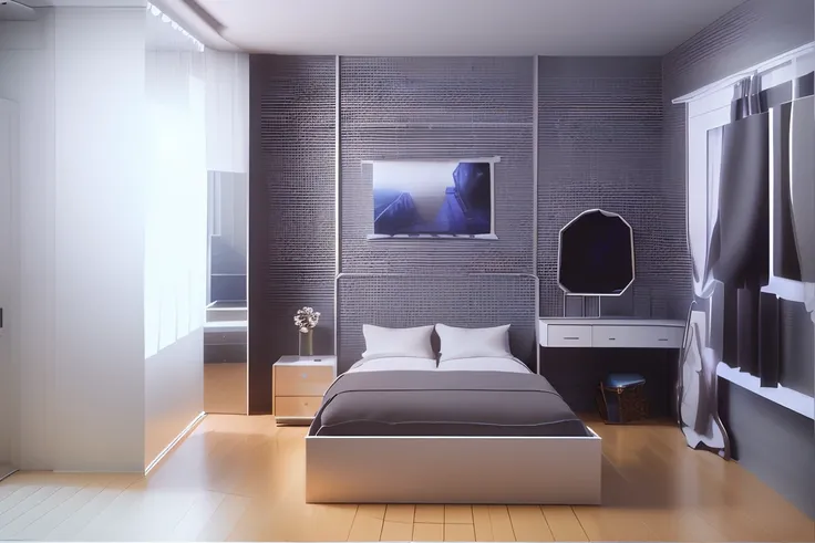 a rendering of a room with a bed, a desk and a mirror, photograph of 3d ios room, small room, sketch - up, interior of a small room, bed on the right, inside of a bedroom, flat 2 d, personal room background, sparse room, virtual metaverse room, petspective...