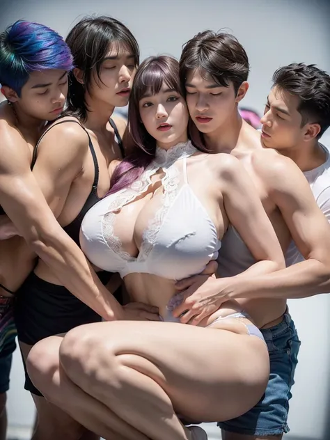 (A group of boys surround a girl with huge boobs，The boys hug a girl with huge boobs from different directions:1.7)，(only girl，femdom，Erotic lingerie，Seductive pose，squatting pose，Pads on tiptoe，Spread your legs to the sides，The crotch is raised，huge boob，...