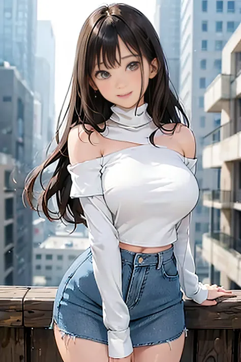 20 year old girl (White Off-Shoulder Turtleneck Blouse), (Tight denim mini skirt), Medium chest, Puffy nipple、bending forward、Sexy buttocks、Butt sticking out、Random cityscape, Shy smile, Kamimei、Brown-eyed、Wavy long hair、dark brown hair、 (Perfectly detaile...