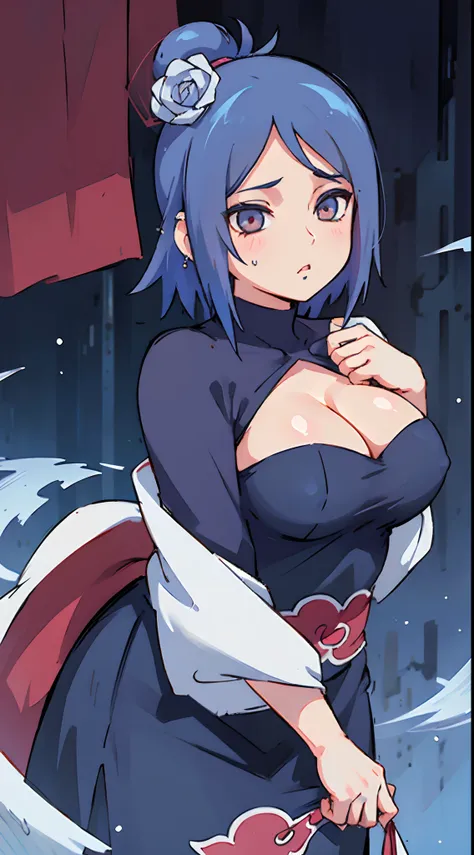 one-girl，（Off-the-shoulder attire:1.5)，Large breasts，（best qualtiy），（cleavage)（tmasterpiece）
Xiaonan（Naruto），（AKATSUKI OUTFIT：1.1），La Brett piercing，dardark blue hair