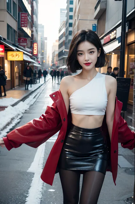 best quality, 4k, 8k, Detailed faces, clear face, pretty girls, Korean makeup, Red lips, laugh, perfect body,shoulder length straight short black hair,small breasts,thigh,slim,thin, The girl wears a long and wide coat, Underneath the jacket was a toptube a...