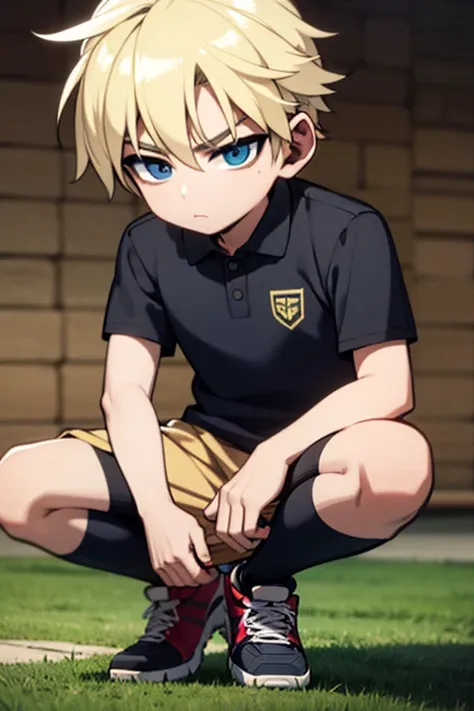 A blonde haired boy with blue eyes is playing soccer