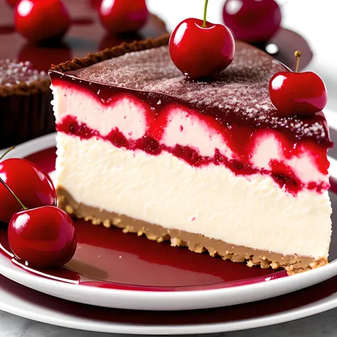 Delicious cherry cheesecake with chocolate, yummy, fragrant, Professional shooting detail and lighting, close up shot