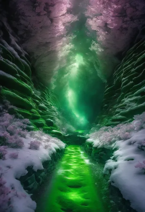 Close-up of a snowy road with green flowers, Tunnel to winter, Portal made of green roses, In a green dream world, Surreal green flowers bloom, Snow cave, The atmosphere of green flowers floating in the sky, Magic Green Flowers, by Anna Haifisch, very magi...