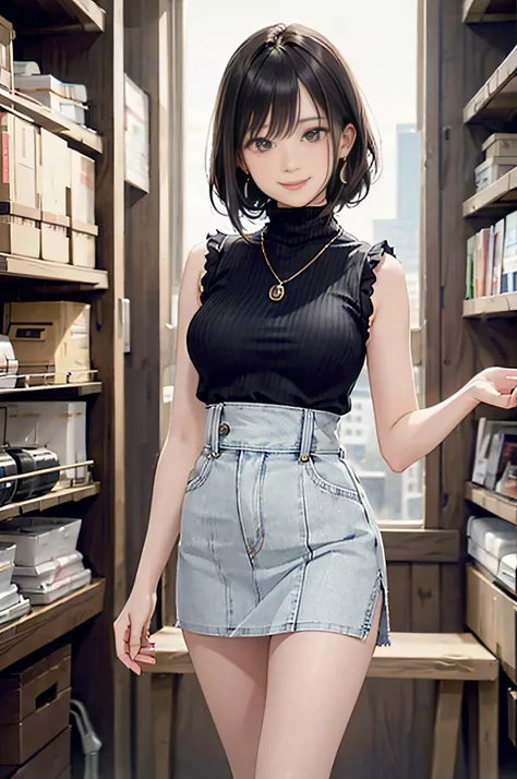 Black Turtleneck Sleeveless Knit、Denim Mini Skirt、20 year old girl, breasts of medium size,, Puffy nipple、bending forward、dark brown hair、poneyTail、Cityscape, Kamimei、Shy smile、a necklace、Earring、high-heels ((Very detailed)), (Perfectly detailed face), (We...