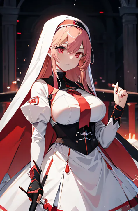 anime character with a sword and a white dress with a red and black writing, pink blonde hair, red eyes, nun veil, huge breasts