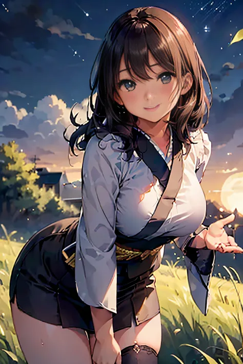 (High quality, High resolution, Fine details, Realistic), grass field, ((Night)), fullmoon, cloud, Solo, curvaceous woman, (Short kimono), Sparkling eyes, (Detailed eyes), (Smile), blush, Large breasts, Sweat, Oily skin, Thigh, (running pose), Shallow dept...