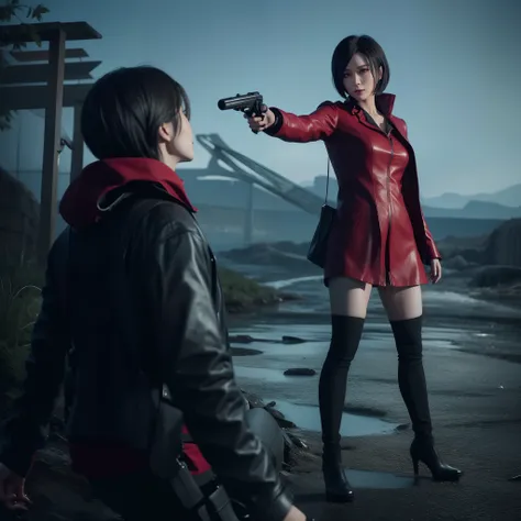 4K, HD, ((ada wong 40 years old)), beautiful face, glare, bob hair, perfect Face, black jeans, red short coat, black nail polish, friendly face