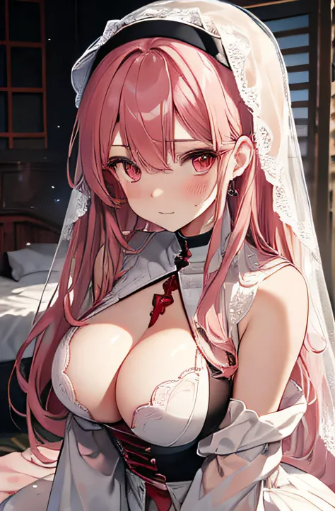 anime character with a sword and a white dress with a red and black writing, pink hair, red eyes, nun veil, huge breasts, See through lingerie, bed room, wet clothes, sheer negligee, blush cheeks