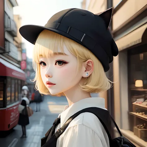 Blonde Bob Girl With Cat Ears、Wearing a black hat。