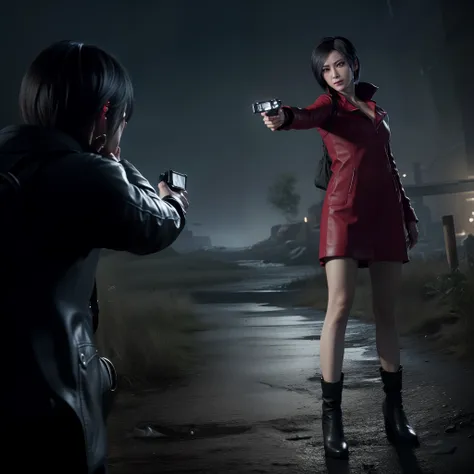 4k, hd, ((ada wong 40 years old)), beautiful face, glare, bob hair, perfect face, black jeans, red short coat, black nail polish...