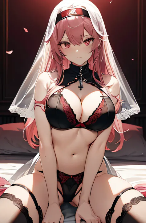 anime character with a sword and a white dress with a red and black writing, pink hair, red eyes, nun veil, huge breasts, See through lingerie, open crotch lingerie, sexy lingerie, bed room