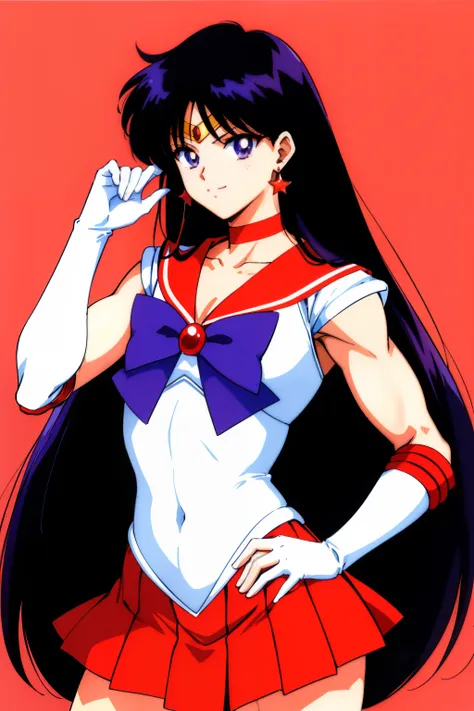 top-quality、​masterpiece、Anime Boy、Cool boys、Junior high school boys、solo、jewelry、Star earrings、Rei Hino、gender change、Sailor Mars、gender change(Girls to boys)、Sailor Senshi Uniform、Boy with very long black hair、white glove、elbowgloves、skirt、Red sailor col...