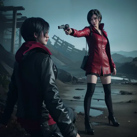 4K, HD, ((ada wong 40 years old)), beautiful face, glare, bob hair, perfect Face, black jeans, red short coat, black nail polish, wearing hoody, seriously expression