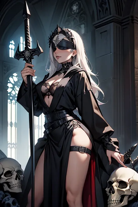 gothic lady justice, blindfold, sexy, erotic, holding sword and scale, skulls, wearing robes, bandages, gothic style art.