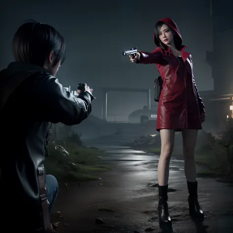 4K, HD, ((ada wong 40 years old)), beautiful face, glare, bob hair, perfect Face, black jeans, red short coat, black nail polish, wearing hoody