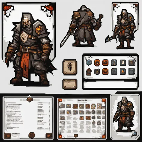 a boardgame game card design, darkest dungeon and final fantasy style themed, white background, front side view, back side view,...