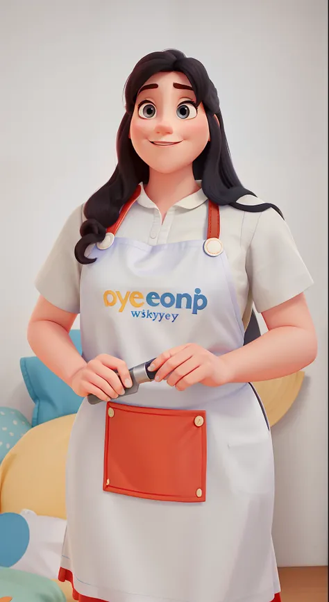 A white Disney Pixar style woman with a comb in her hand, wearing an apron over a gray shirt , high quality, best quality