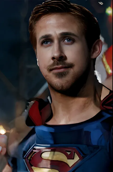 ryan gosling is superman flying over flame