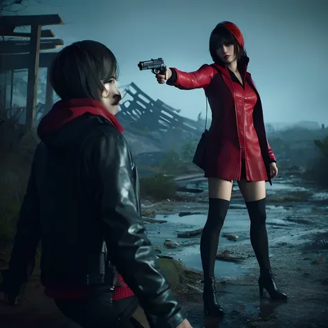 4K, HD, ((ada wong 40 years old)), beautiful face, glare, bob hair, perfect Face, black jeans, red short coat, black nail polish, wearing hoody, seriously expression