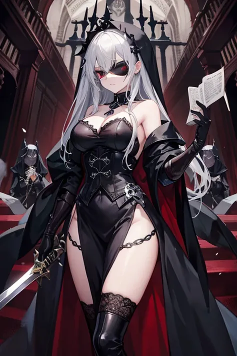 gothic lady justice, blindfold, sexy, erotic, holding sword and scale, skulls, wearing robes, bandages, gothic style art.