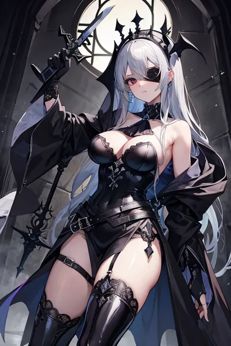 gothic lady justice, blindfold, sexy, erotic, holding sword and scale, skulls, wearing robes, bandages, gothic style art.