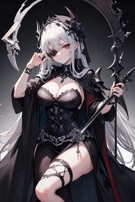 gothic lady justice, blindfold, sexy, erotic, holding sword and scale, skulls, wearing robes, bandages, gothic style art.