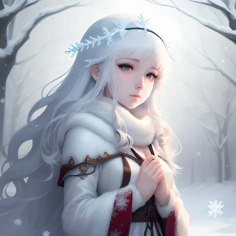 Anime girl in a white dress with snowflakes and snowflakes, beautiful anime artwork, beautiful anime art, Beautiful anime girl, beautiful anime woman, Beautiful Anime Portrait, beautiful fantasy anime, guweiz on pixiv artstation, winter princess, Anime gir...