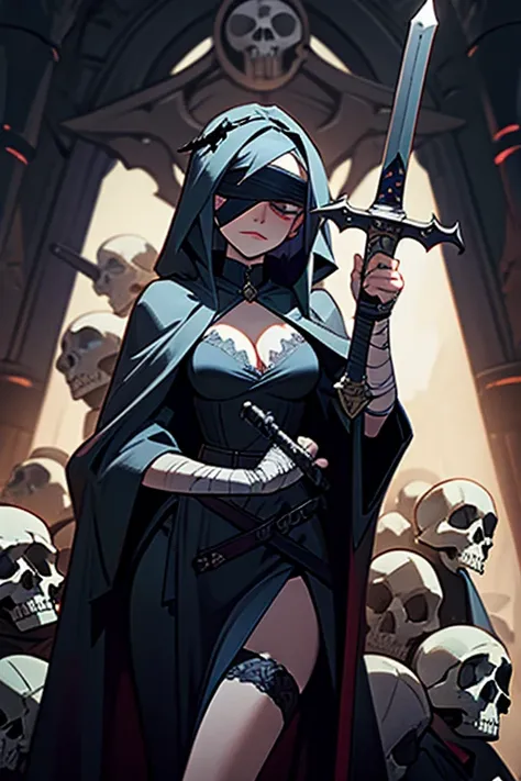 gothic lady justice, blindfold, sexy, erotic, holding sword and scale, skulls, wearing robes, bandages, gothic style art.