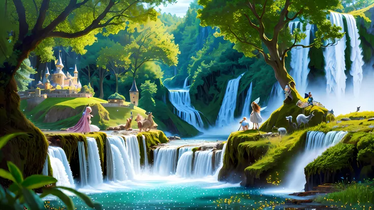 (fairy tale world), castles, floating island waterfalls, all kinds of magical creatures. beautiful fairies, knights, elves, dwar...