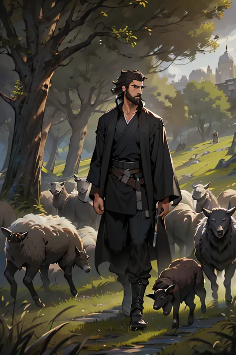 black clothes, similar to a Jedis outfit.black cloth clothes NO WEAPONS The character is a tall young man with a short beard. dark brown hairs escorting a small flock of sheep with some wolves in the background. In case youre thinking of a background, a fo...