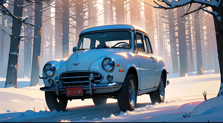 Classic sports car in a winter Christmas landscape

snow-covered road, vibrant red classic sports car, vintage design, polished chrome accents, shiny black tires, gleaming headlights, beautifully curved body lines, snowy trees on the sides, snowflakes fall...