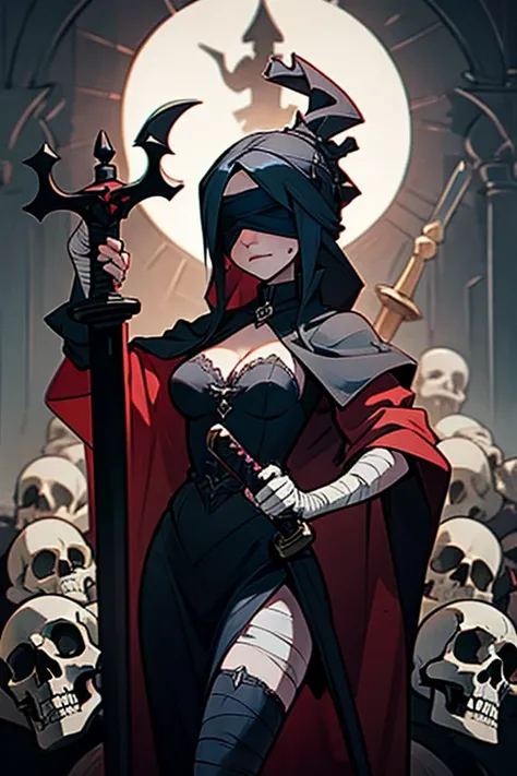 gothic lady justice, blindfold, sexy, erotic, holding sword and scale, skulls, wearing robes, bandages, gothic style art.