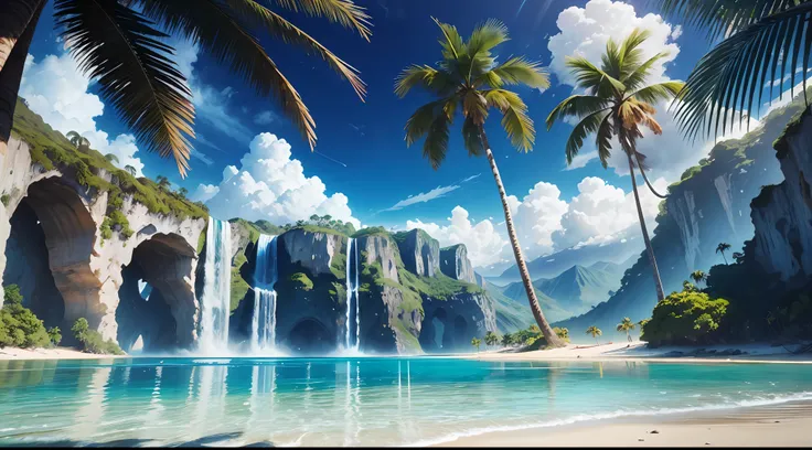 Summer, clear beach, tropical paradise, waterfalls, vibrant flora, islands, big clouds, palm trees, blue sky, warm weather, HD detail, hyper-detail, cinematic, surrealism, soft light, bokeh deep field focus, distant snowy mountains, ray tracing and surreal...