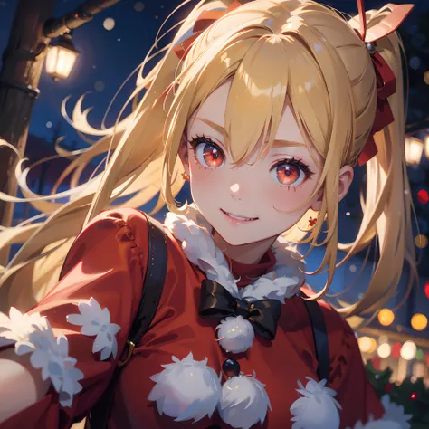 18 year old girl, Wearing Santa costumes、Blonde ponytail、Ahoge、big round red eyes、A slight smil、Laugh、small tits、Realistic painting in every detail, Christmas Outdoors、delicate detail、facial close-up