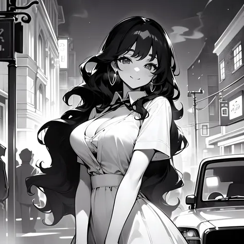 ((masterpiece, solo, upper body, black and white, monochrome, night, steam), street, old cars, streetlamps), cute anime girl sta...