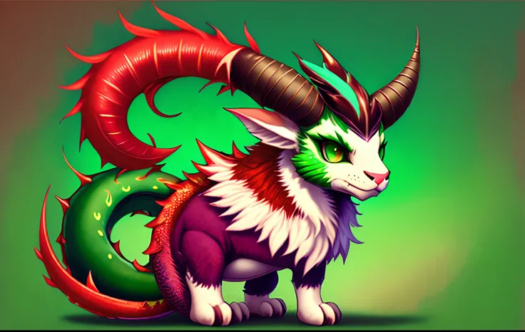 A green dragon fursona with scarlet goat horn with mint colored fluff on his chest