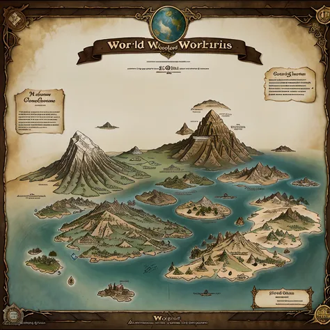 Sheet map, world, Middle-earth Tokkien World Style, several small continents, fantasy world