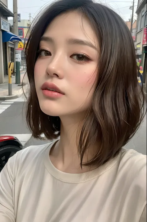 ((top-quality、8k、​masterpiece:1.3))、foco nítido:1.2、Beautiful woman with perfect body:1.4、Concrete background、white t-shirts、Full Small Face、Medium hair、floated hair、Salon model、Japan girl at 16 years old、seductiv、slim abdomen:1.2、((Layered Haircut、The lar...