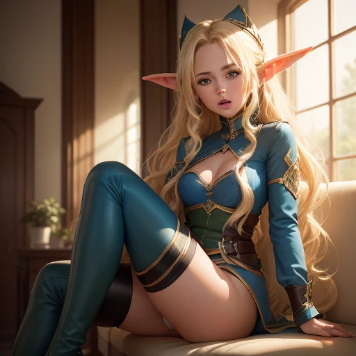 A  girl, 25 years old with blue eyes, blonde woman, long wavy hair, Beautiful Character Face. thigh boots.    Sitting on the couch in the office, olhando (The Work of the Little Green Goblins:1.3). Half-open mouth.  full-length photo. side-view. higly deta...