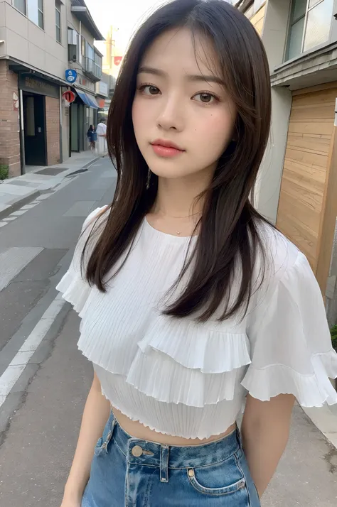 ((top-quality、8K、​masterpiece:1.3))、foco nítido:1.2、Beautiful woman with perfect body:1.4、Full Small Face、Medium Hair、floated hair、Salon model、Japan girl at 16 years old、seductiv、Slim abdomen:1.2、((Layered Haircut、The large:1.2))(Small beautiful hard(Satee...